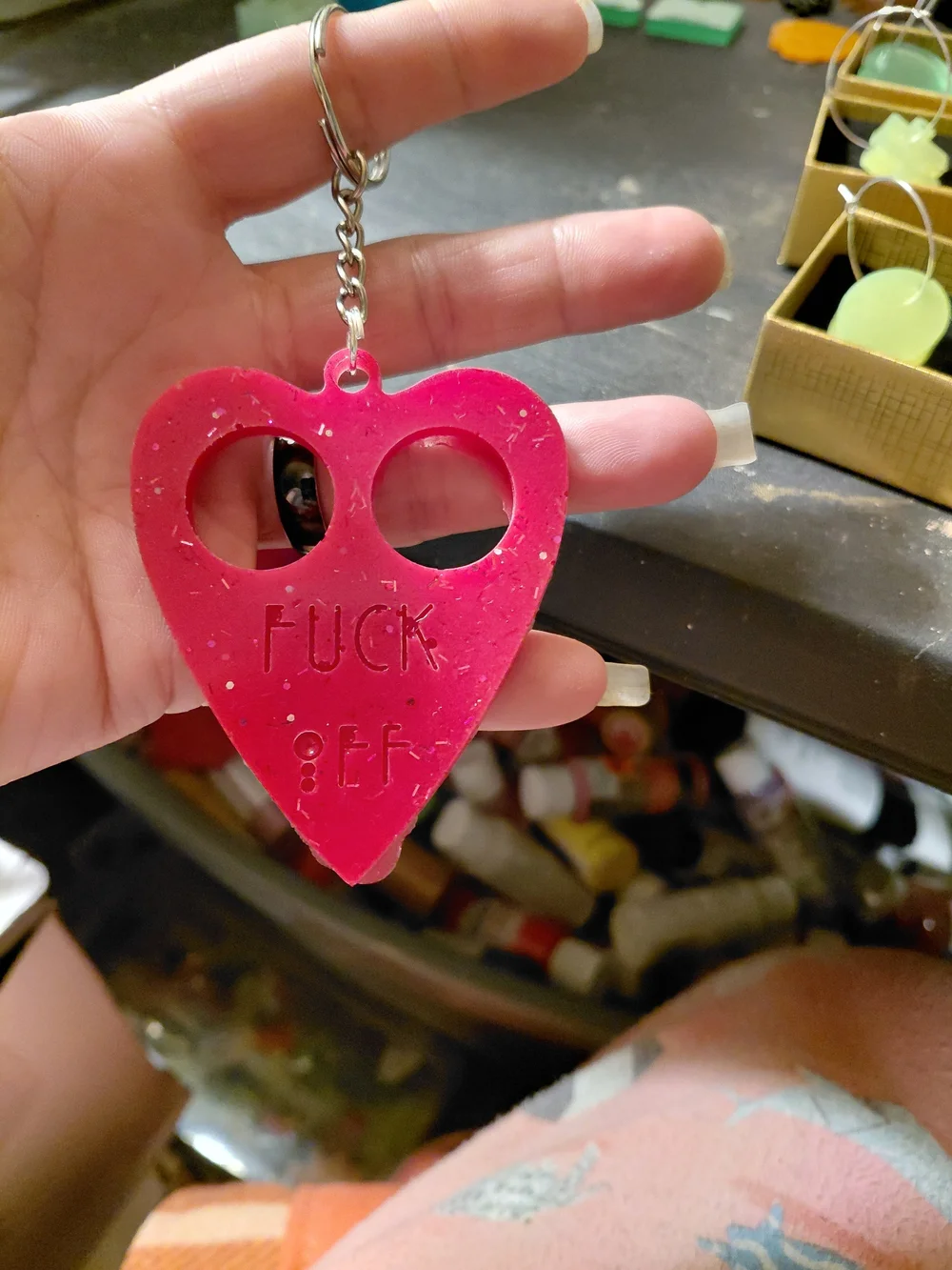 Pink Heart Keychain Card Holder with Bold Phrase